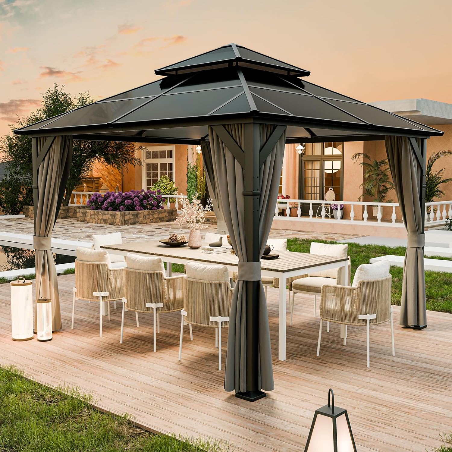 UDPATIO 3 × 3 m Pavillon Polycarbonat mit Vorhängen, Outdoor-Pavillon, Gartenpavillon, 3m, 2,8m, 7 mm, 6 cm, 4 Stunden