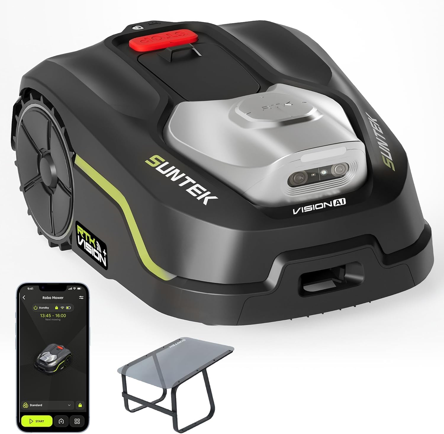 SUNTEK Mähroboter ohne Begrenzungskabel mit Garage, Rasenmäher, KI-Kamera, 180 Minuten, 61 dB, 66 dB