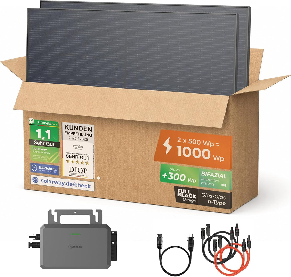 Solarway Balkonkraftwerk 800 W mit 1000Wp Solarmodulen, 500 W, 5m, 2m, APP