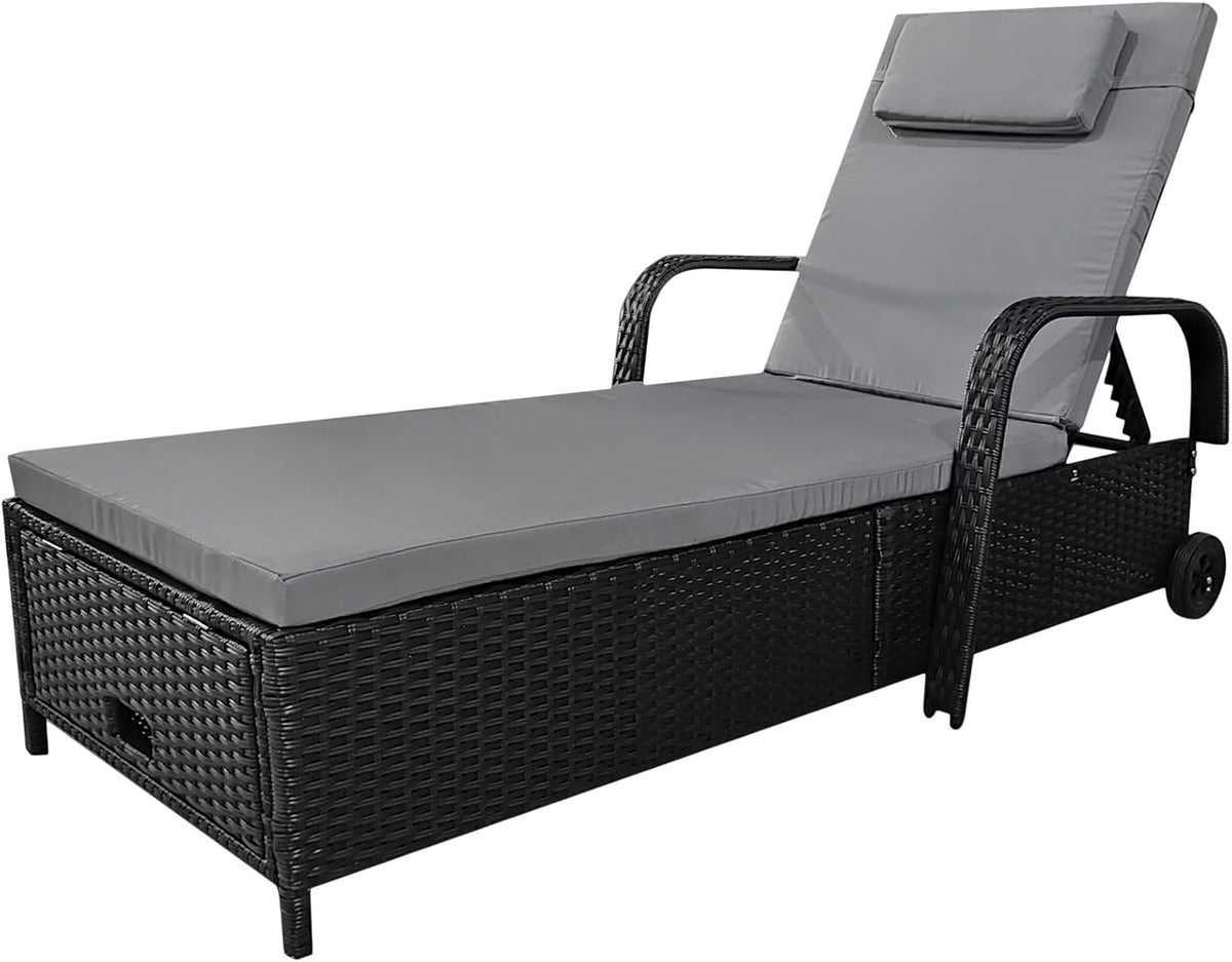 Liege Garten Calma Lux, 200 × 75 × 30-92 cm (Schwarz/Grau), Polyrattan+Metall, Stauraum, Sonnen