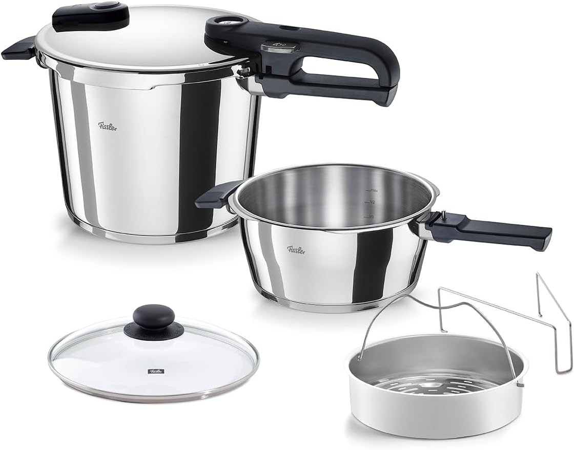 Fissler Vitaquick Edition/Schnellkochtopf-Set 6-teilg (2 Schnellkochtöpfe Ø 22 cm 3,5 l, Edelstahl, Rot
