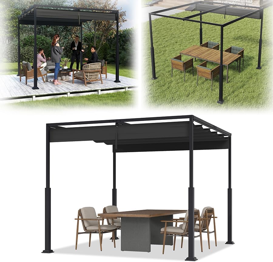Pavillon Metall Pergola Schiebedach, VA-Cerulean, für Gärten Schwarz, verstellbar