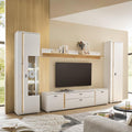 Lomadox Wohnwand Set 4-teilig Wohnzimmermöbel weiß mit Eiche Modern 1 Vitrine, Vitrinenschrank, Hochschrank, 35 cm, 42 cm, 18 cm, LED