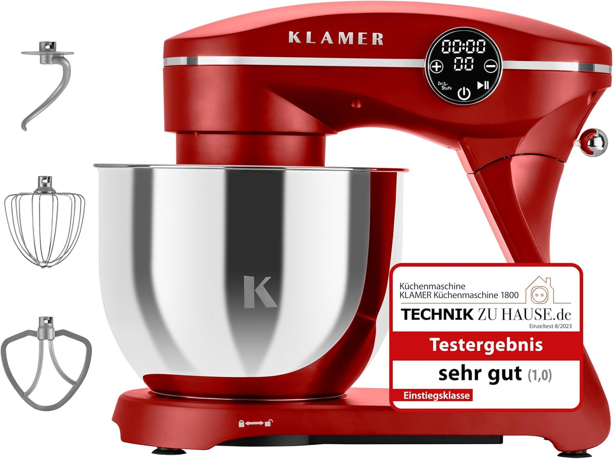 KLAMER Küchenmaschine 1800 W, 7,6 kg, 1,5 kg, 5 l, Edelstahl, Rot