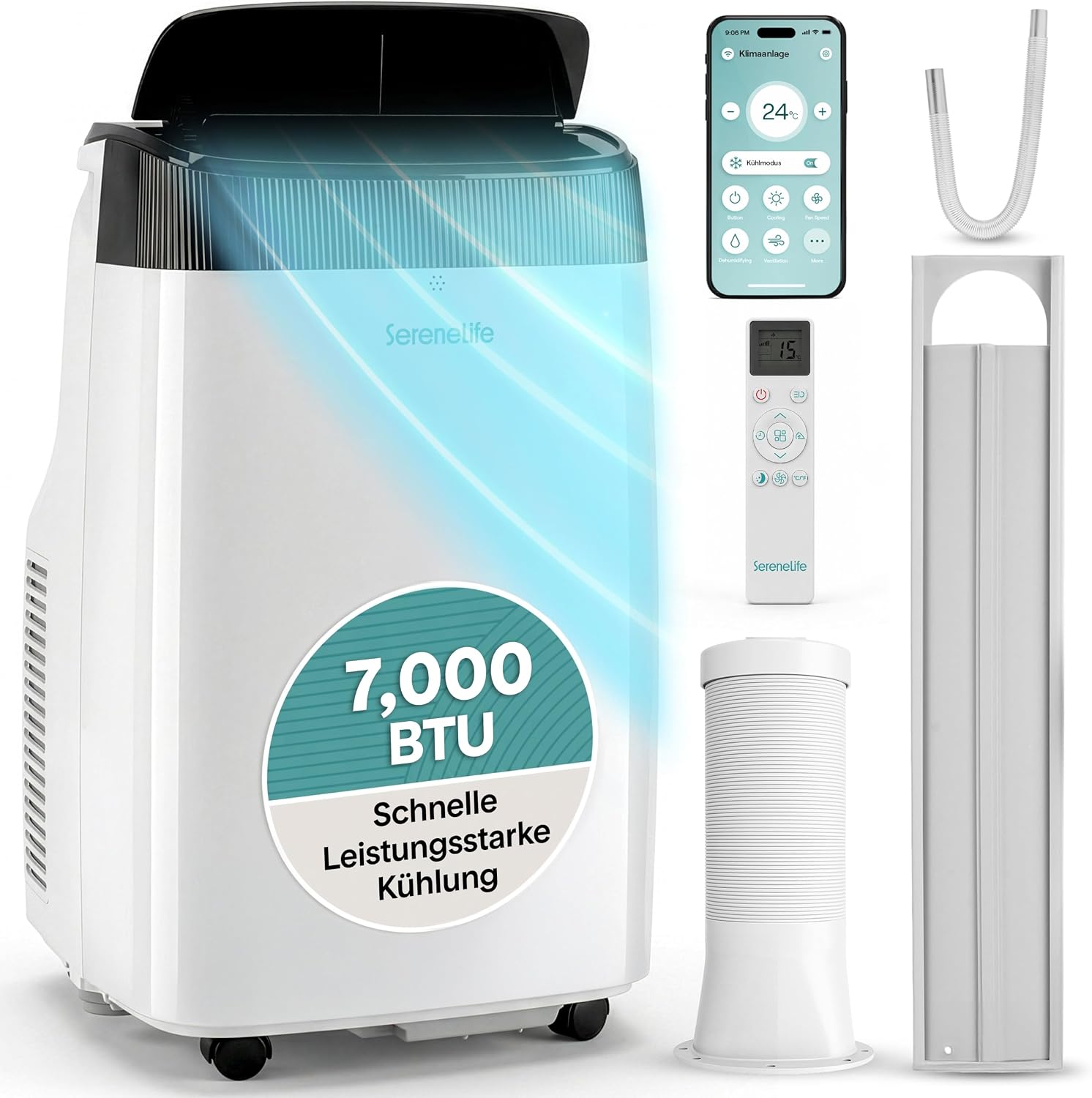 SereneLife Klimaanlage Mobil mit Abluftschlauch 7000 BTU, Ventilator, Schlafzimmer, 49–52 dB, App