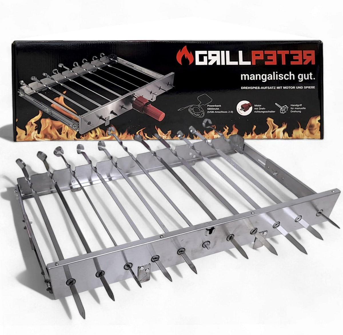 Grillpeter Schaschlik Spießdreher aus Edelstahl, 5 V, 62 cm, 28-38 cm, 200 g, 1,5 mm, 10 mm