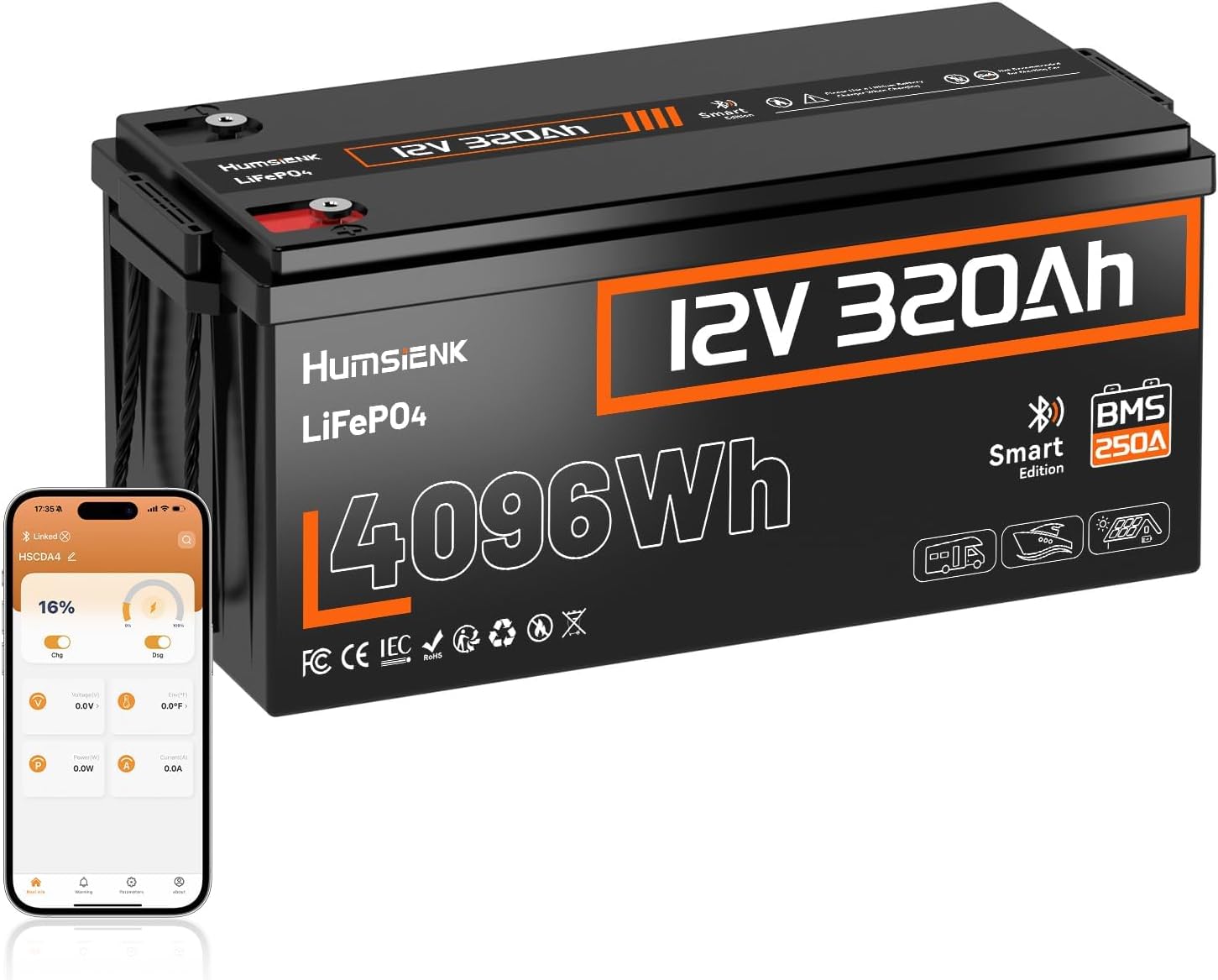 HumsiENK LiFePO4 Batterie 12 V 320 Ah mit Bluetooth, Automatisch, Wohnmobil, 20 °C, 4096 Wh, 27,1 kg, IP65