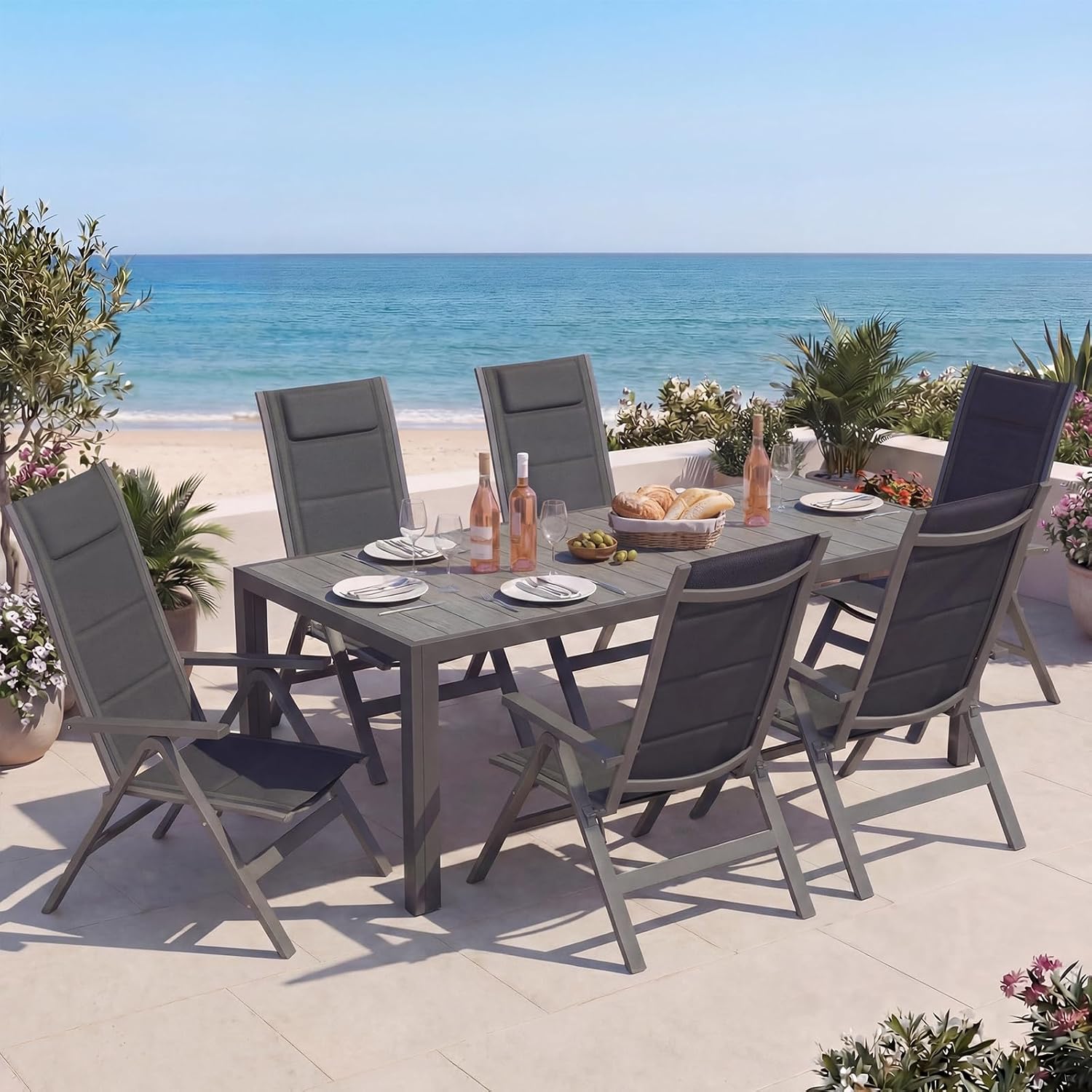 Devoko Gartenmöbel Set 6 stühle mit Tisch, Gartentisch, Aluminiumtisch, 73 cm, 189 cm