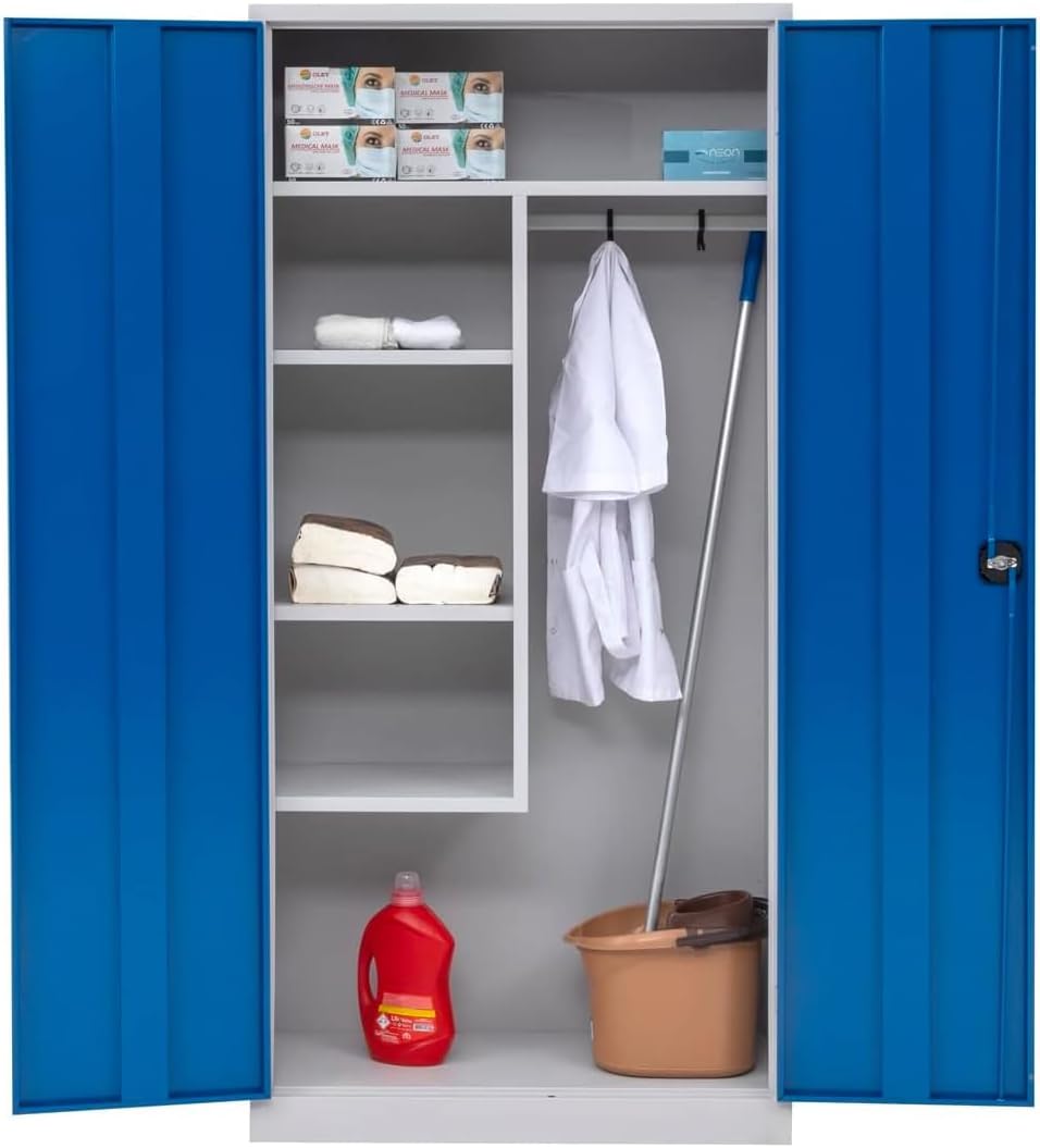 Furni24 Metall Putzmittelschrank, Staubsauger, Wäscheschrank, 92 cm, 195 cm, 42 cm, Blau