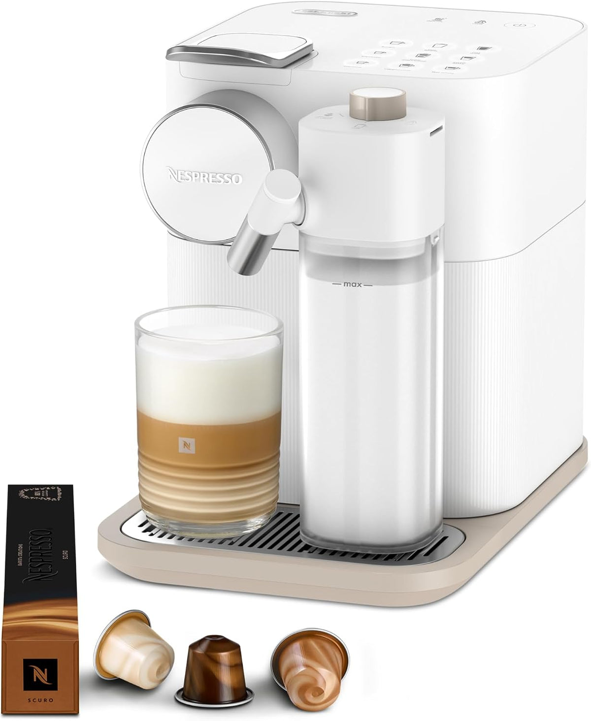 Nespresso De'Longhi EN640.W Gran Lattissima Kaffeekapselmaschine mit automatischem, 9 Minuten, 19 Bar, 500 ml, 165 ml, 1,3 l, Abschaltautomatik