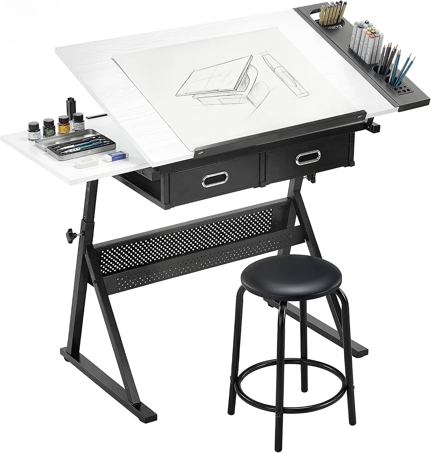 HOMCOM Zeichentisch mit Hocker Architektentisch höhenverstellbarer Arbeitstisch mit, Schreibtisch, Seitentisch, Büro, 68–92 cm, 60 kg, 120 kg, 60 cm