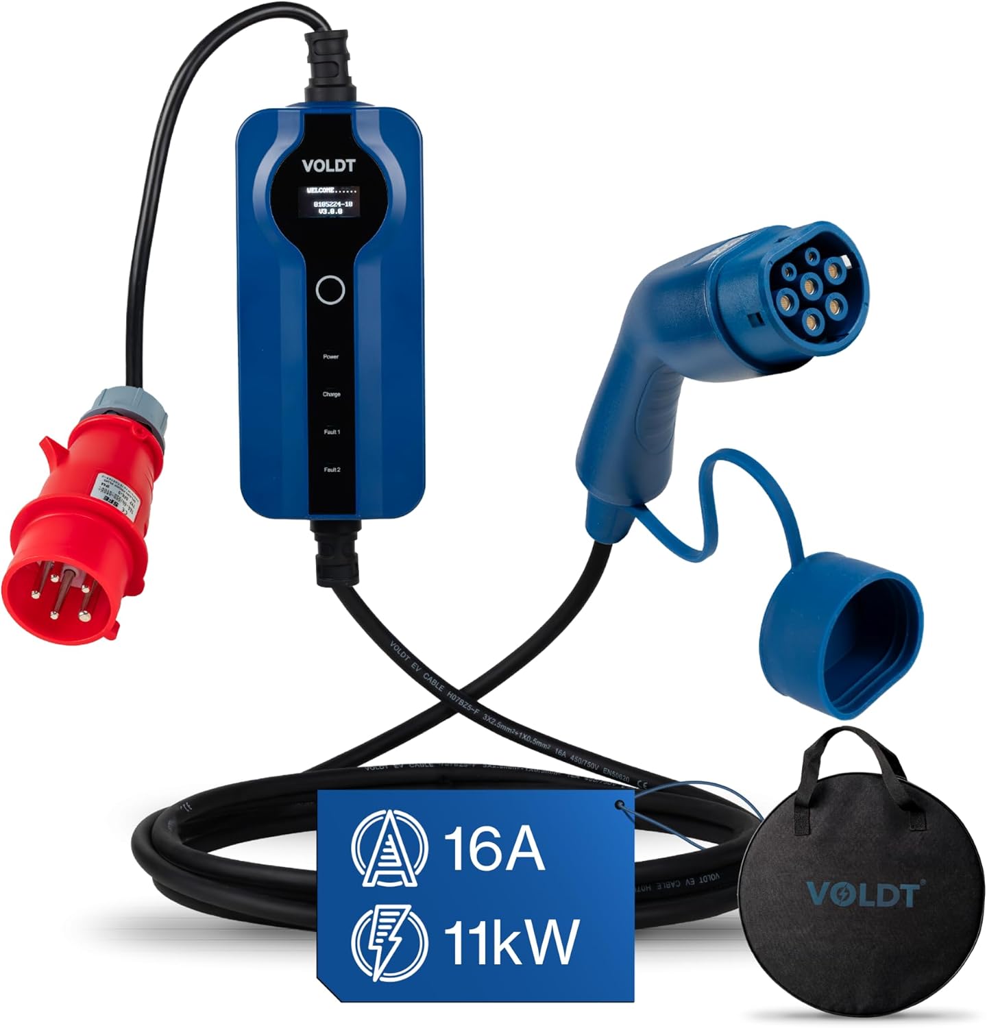 VOLDT Typ 2 Ladekabel 11 KW EV-Ladegerät mit CEE-Stecker, Für unterwegs, 5 m