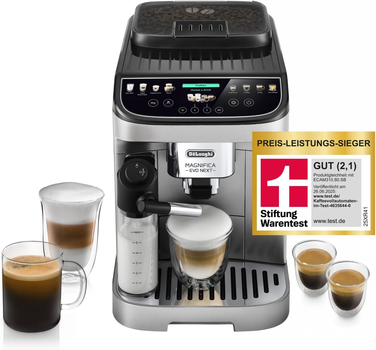 De'Longhi Magnifica Evo Next - Perfetto Kaffeevollautomat, 13 One-Touch-Getränke, Titan (ECAM312.80. SB), Coffee- und Cappuccino Kaffeemaschine