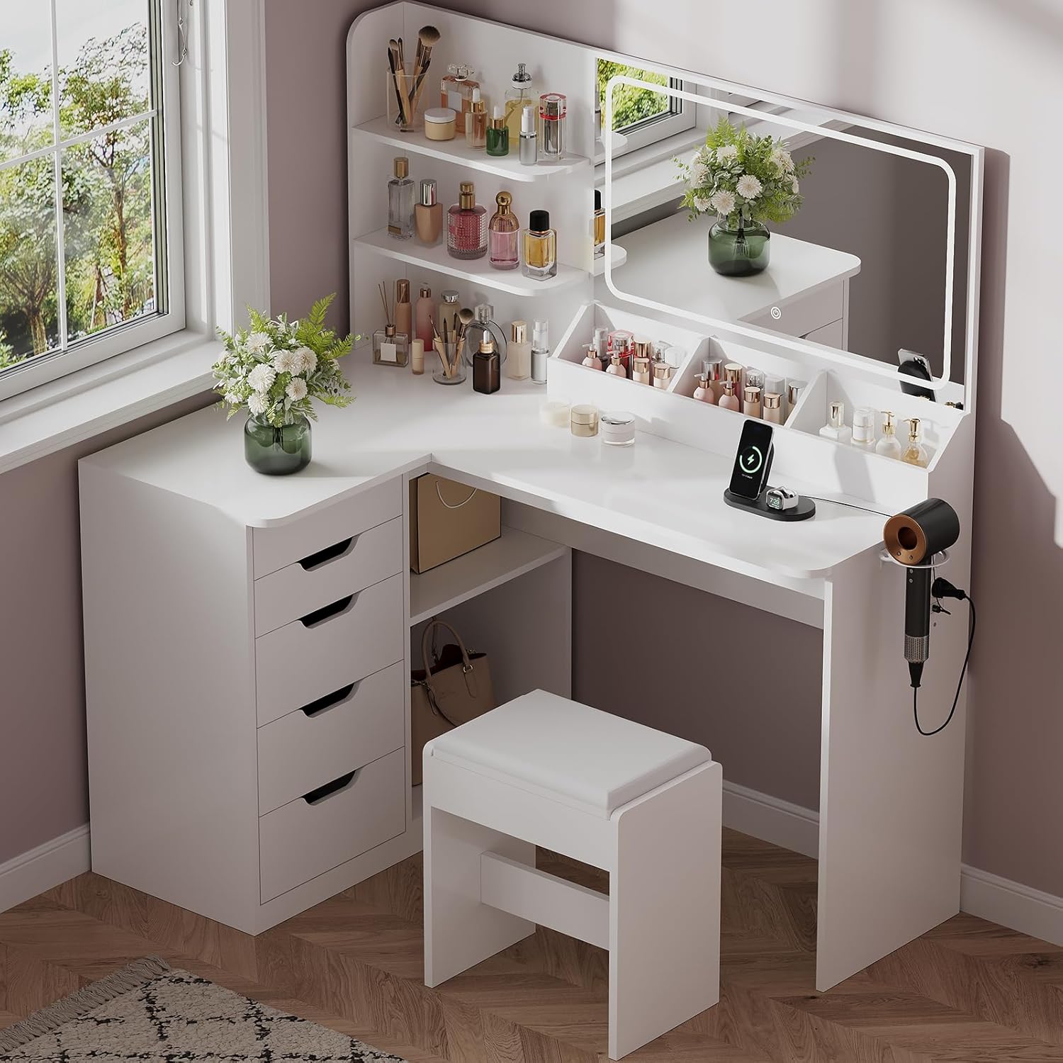 JUMMICO Schminktisch mit Spiegel und Licht, Praktisch, LED