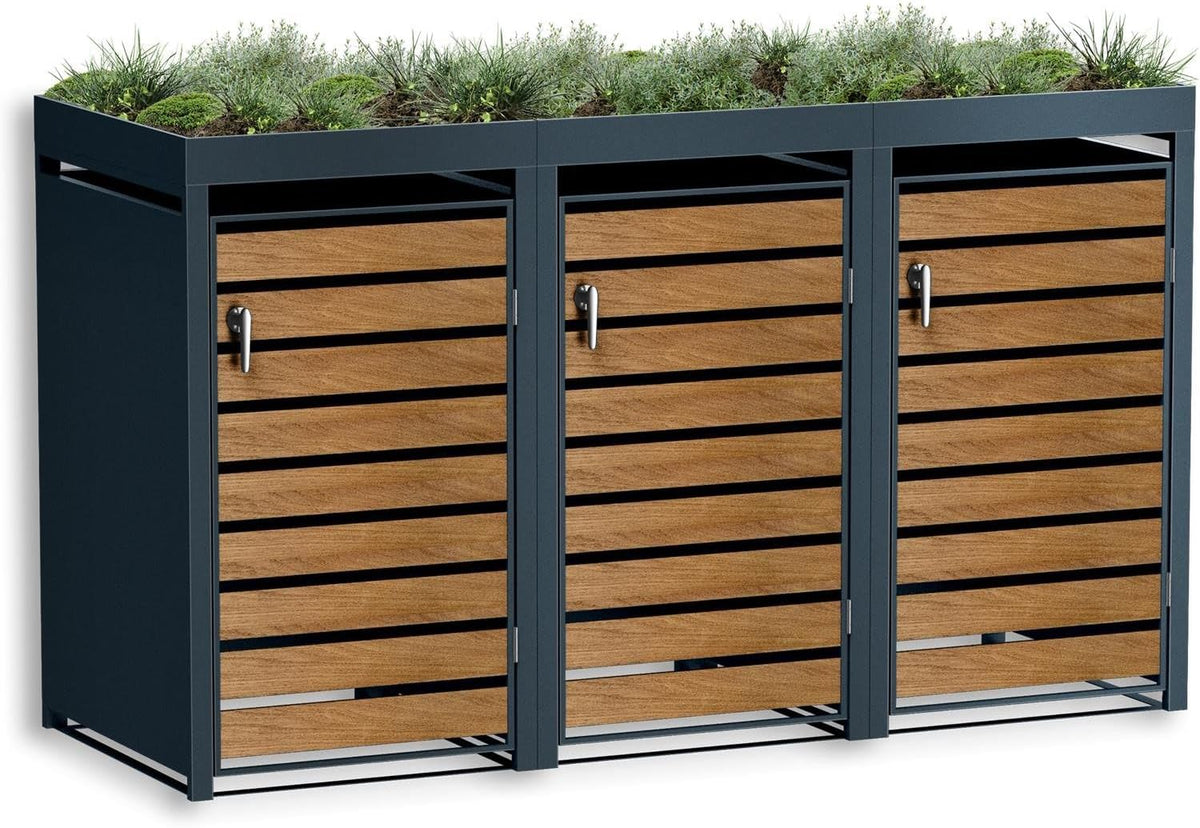 Metzler Mülltonnenbox 3er 240 l in Anthrazit & Holzoptik mit Pflanzdach & Sichtstreifen, Automatisch, 332,2 cm