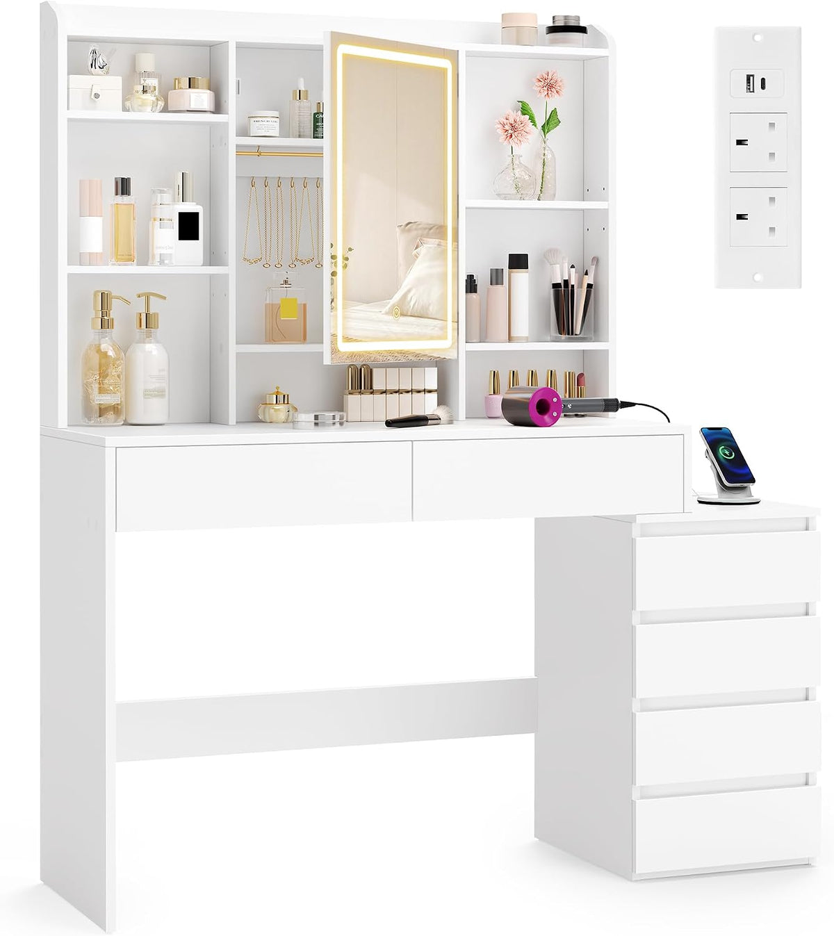VASAGLE Kailyn Kollektion - Schminktisch mit LED-Beleuchtung, Schrank, Frisiertisch, 50 kg, 145 cm, 36,6 kg