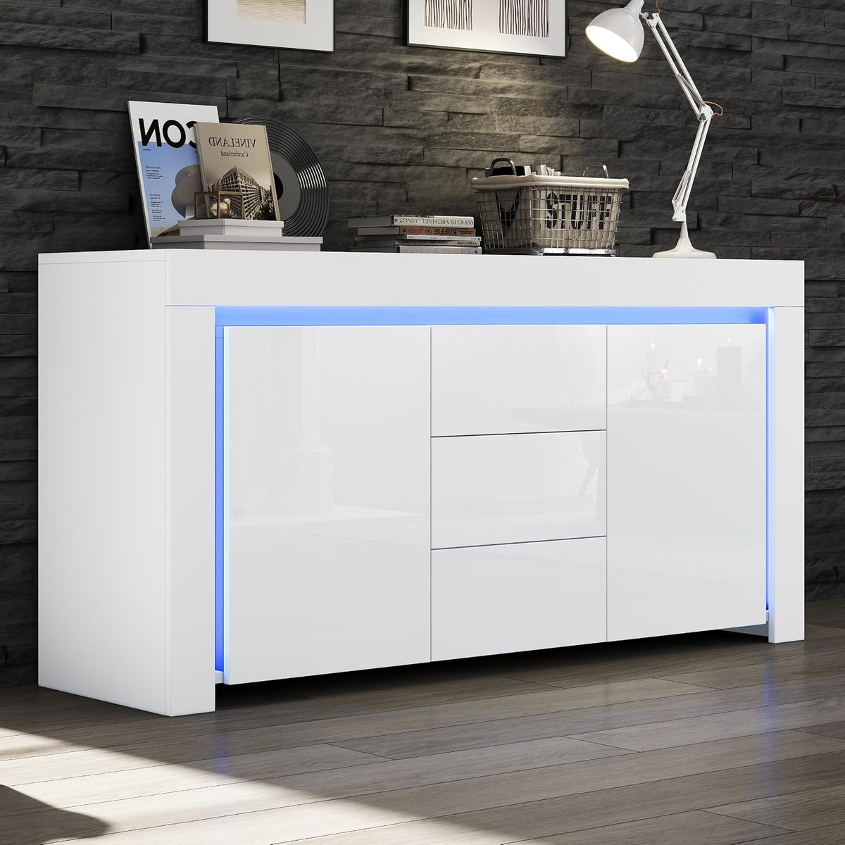 Kommode Hochglanz Sideboard Wohnzimmer Schubladen FammyLoft, 140 × 40 × 65 cm, Buffetschrank mit LED-Lichtleiste, App-Steuerung, App-/WLAN-Steuerung
