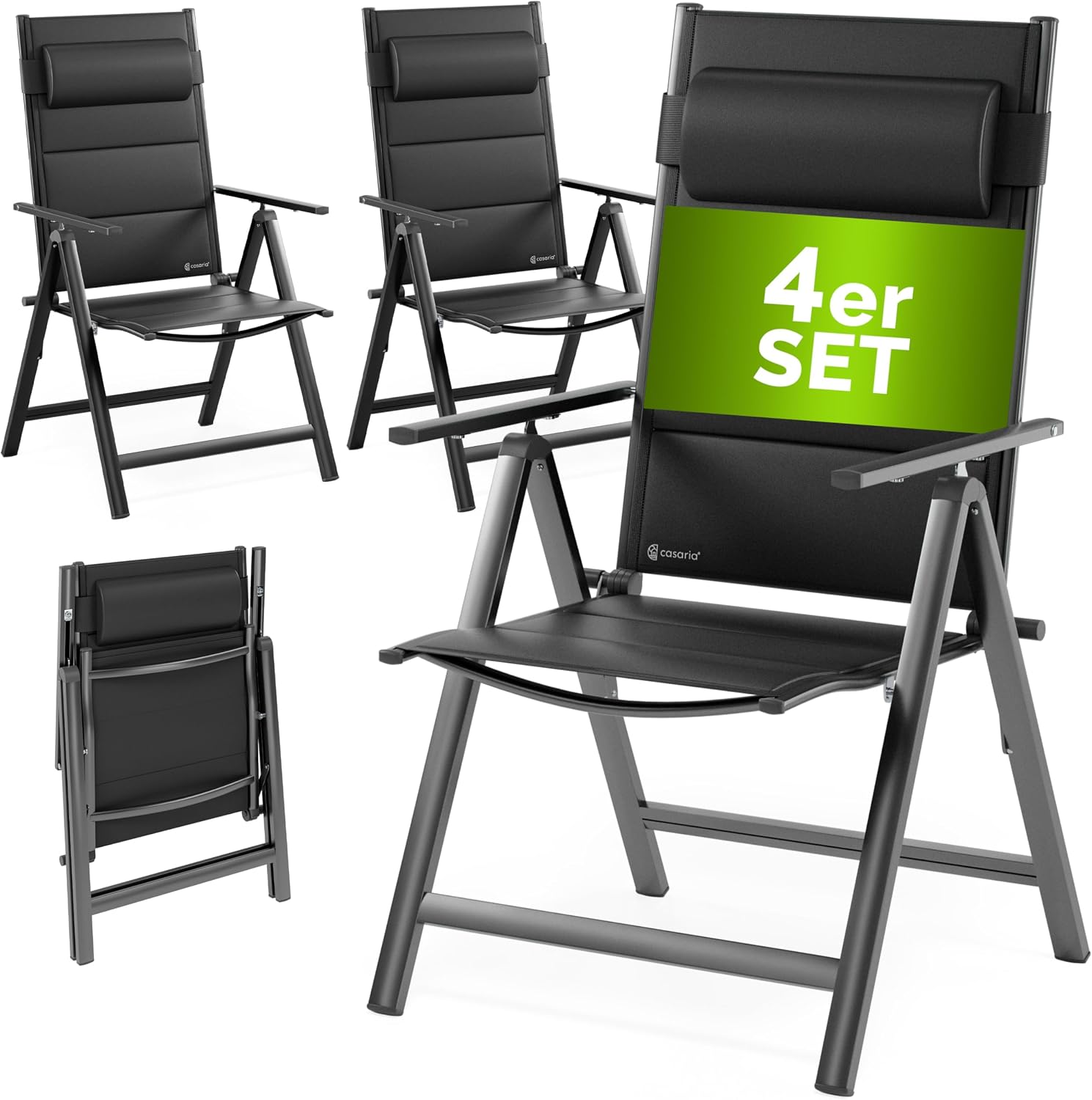 Casaria Gartenstühle 4er Set Klappbar Gepolstert Alu 8- Fach Verstellbar 120 kg, Gartensessel, Klappstuhl, Terrasse
