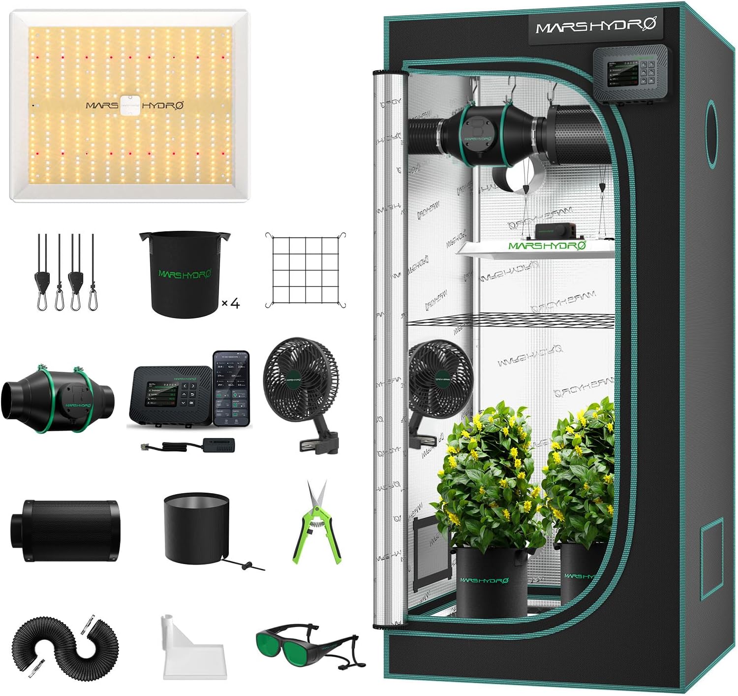MARS HYDRO Smart Growzelt Komplettset mit WiFi-Integrierte Controller43, Lampe, Inline-Ventilator, 160 cm, 24 Stunden, 26.8 db, LED, Kunststoff