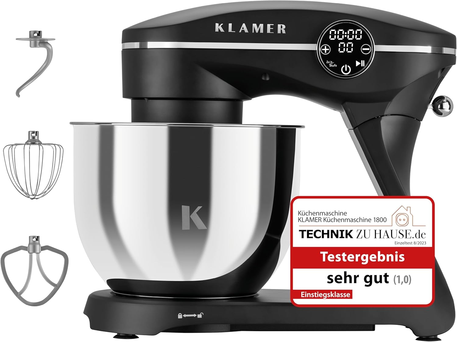 KLAMER Küchenmaschine 1800 W, Heißluftfritteuse, 7,6 kg, 1,5 kg, 5 l, Edelstahl, Schwarz