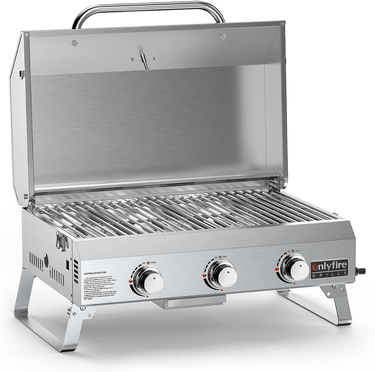 Onlyfire 3 Brenner Tragbarer Gasgrill, Tischgasgrill, Campinggrill, 34 cm, Edelstahl