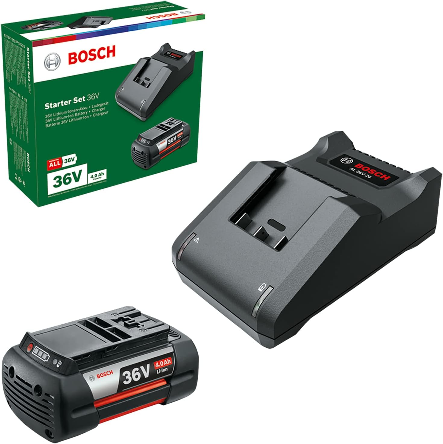 Bosch Starter-Set 36 V, 4,0 Ah, 1,3 Ah, 1,3 kg, 0,55 kg, 265 mm