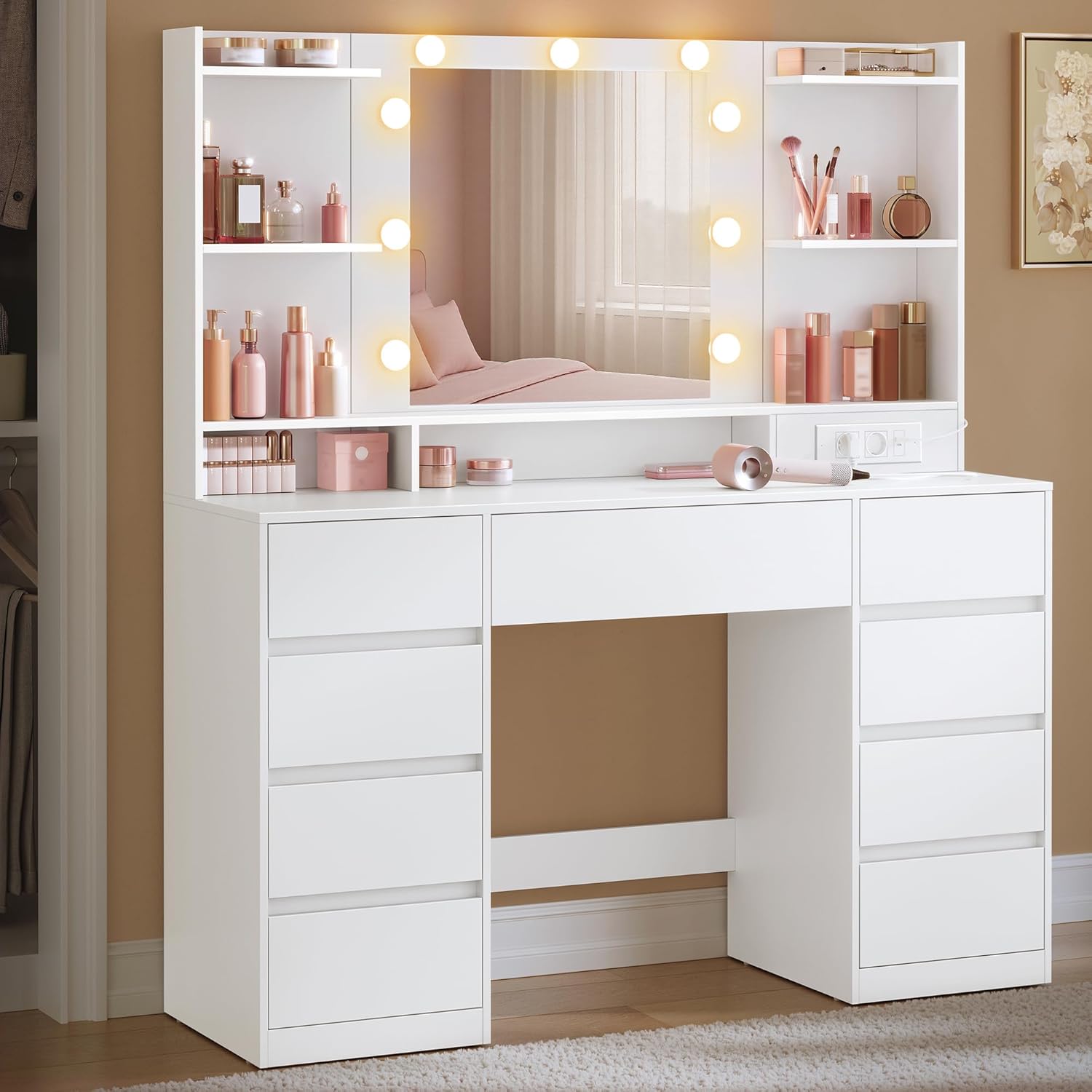 VASAGLE Kailyn Kollektion - Schminktisch mit Spiegel und LED-Leuchten, Schlafzimmer, 107 cm, 144 cm, LED-Beleuchtung, Weiß