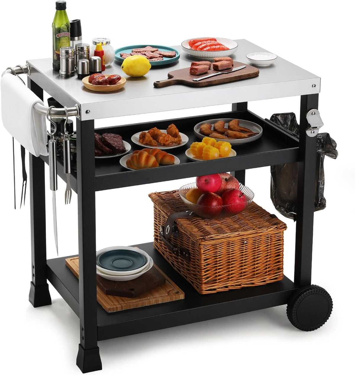 LIFERUN Edelstahl Grillwagen 3 Etagen, Grilltisch, Beistelltisch, Outdoor, 50 cm, 40 kg, 20 kg, 15 cm, 58 cm, Schwarz