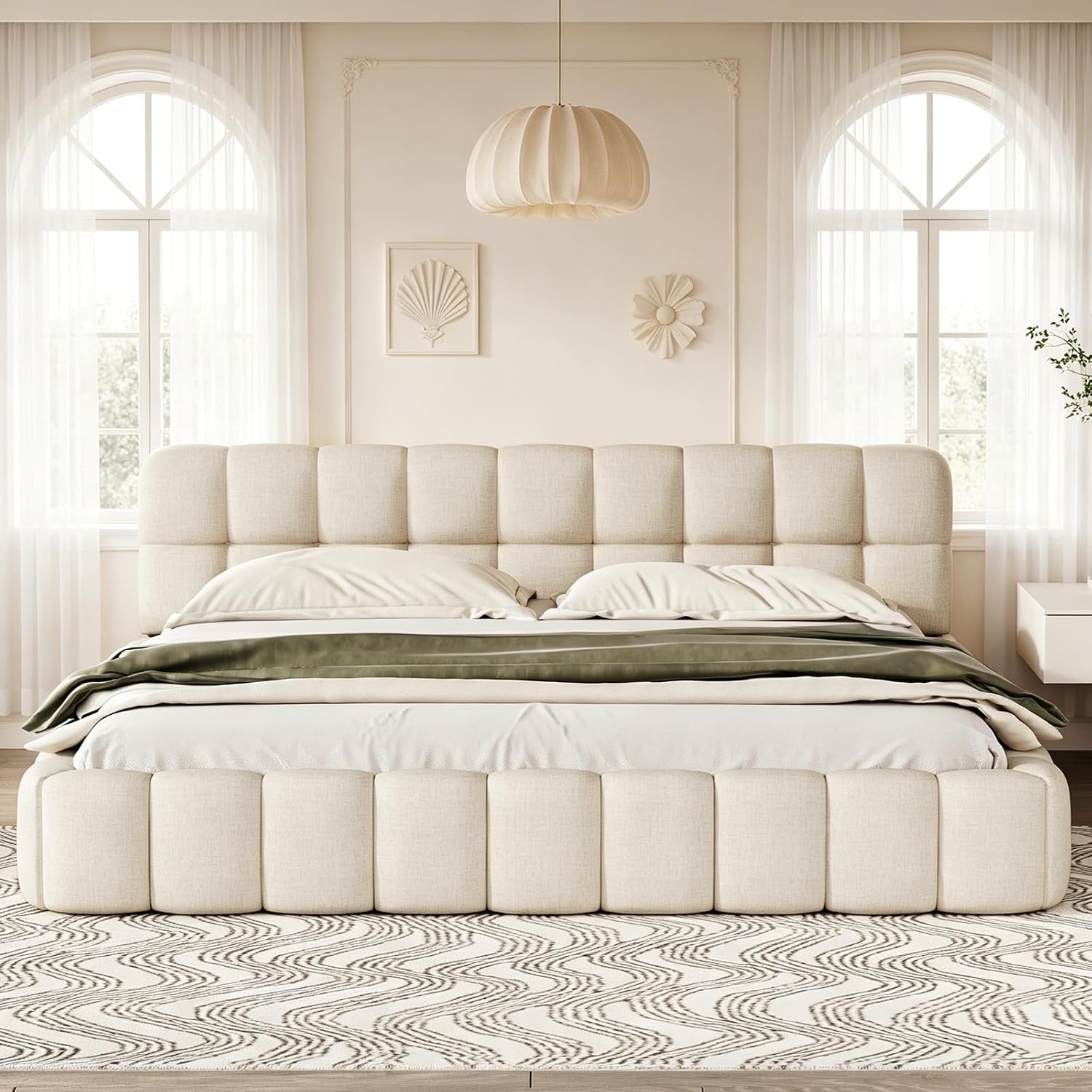 Bett Polster 160 × 200 cm Bubble Bett LKPOMI, für Schlafzimmer und Gästezimmer, Doppelbett Bettgestell mit Lattenrost, ohne Matratze Beige