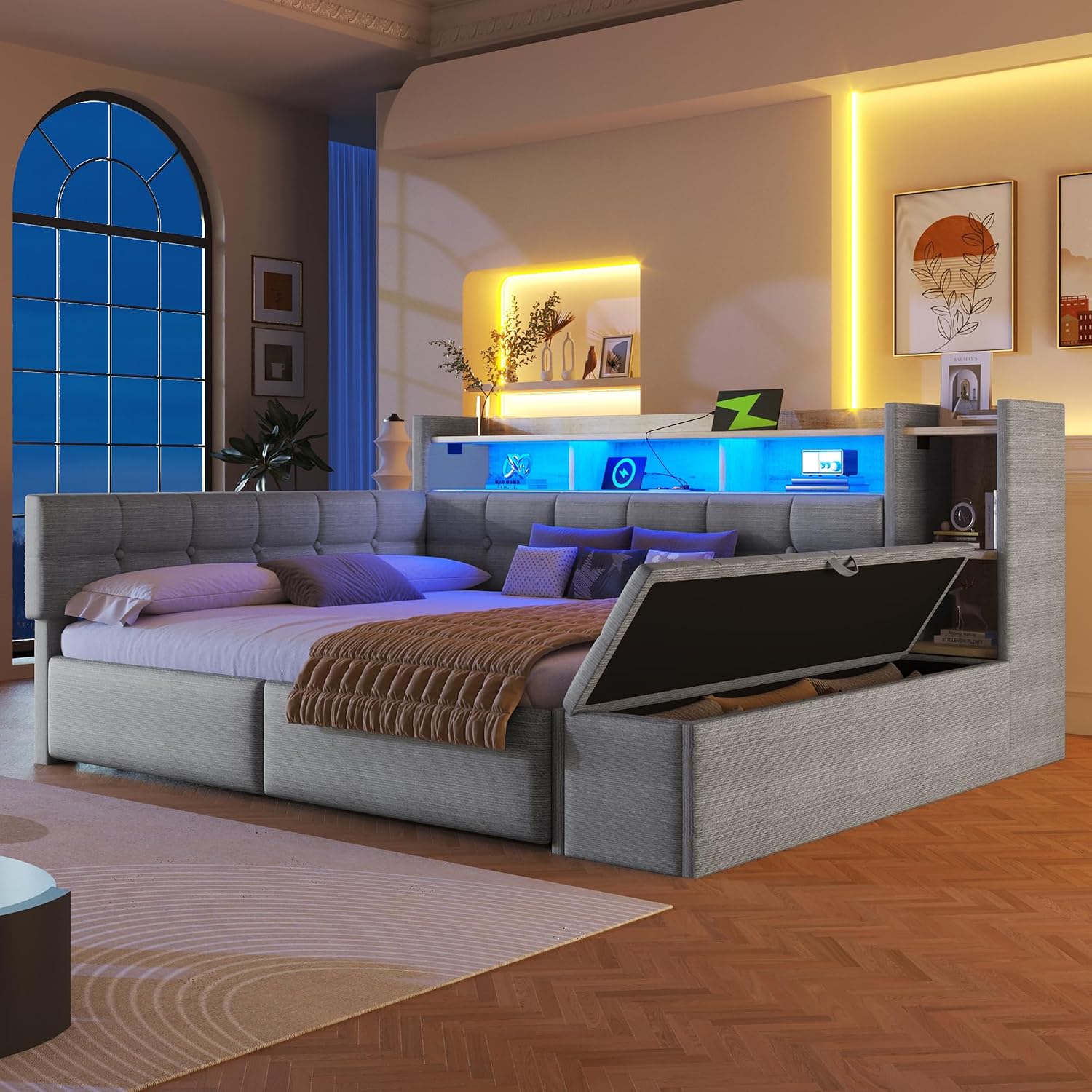 Bett Tages NovaFurnish, 140 × 190 cm, Produktabmessung: 226 × 156 × 99 cm, Zwei Schubladen, und Typ-C-Anschlüssen, Stauraumbank am Fußende